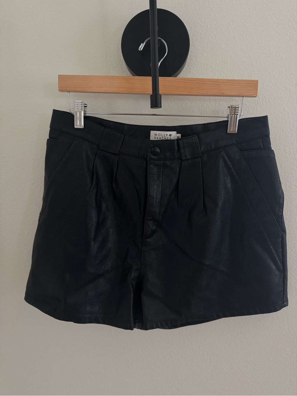 Molly Bracken Black Faux Leather Pleated High-Waist Shorts